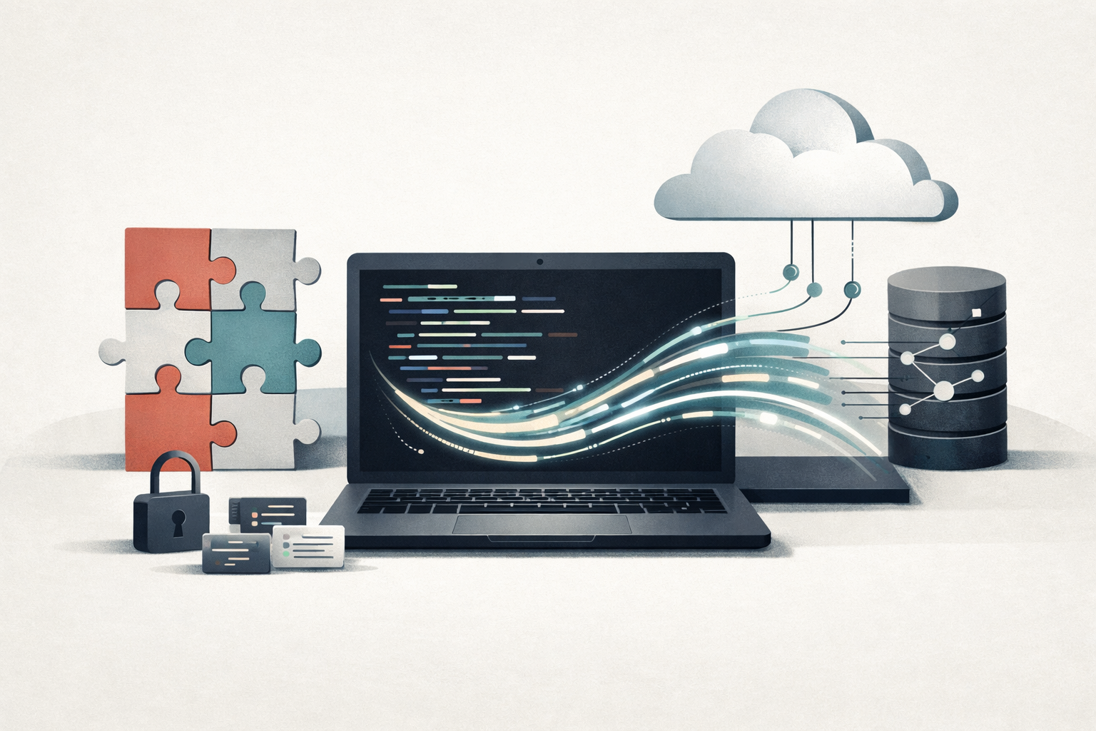 An abstract illustration of an AI coding model at a developer workstation, with modular AI components and cloud connections symbolizing open-source deployment and agentic coding.