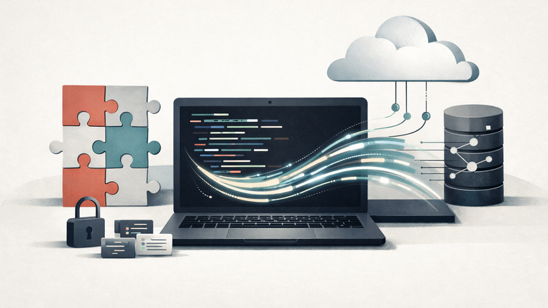 An abstract illustration of an AI coding model at a developer workstation, with modular AI components and cloud connections symbolizing open-source deployment and agentic coding.
