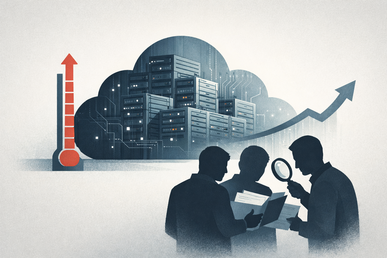 An abstract cloud data center under investor scrutiny, with a slowing growth arrow and rising cost meter.