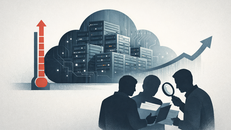 An abstract cloud data center under investor scrutiny, with a slowing growth arrow and rising cost meter.