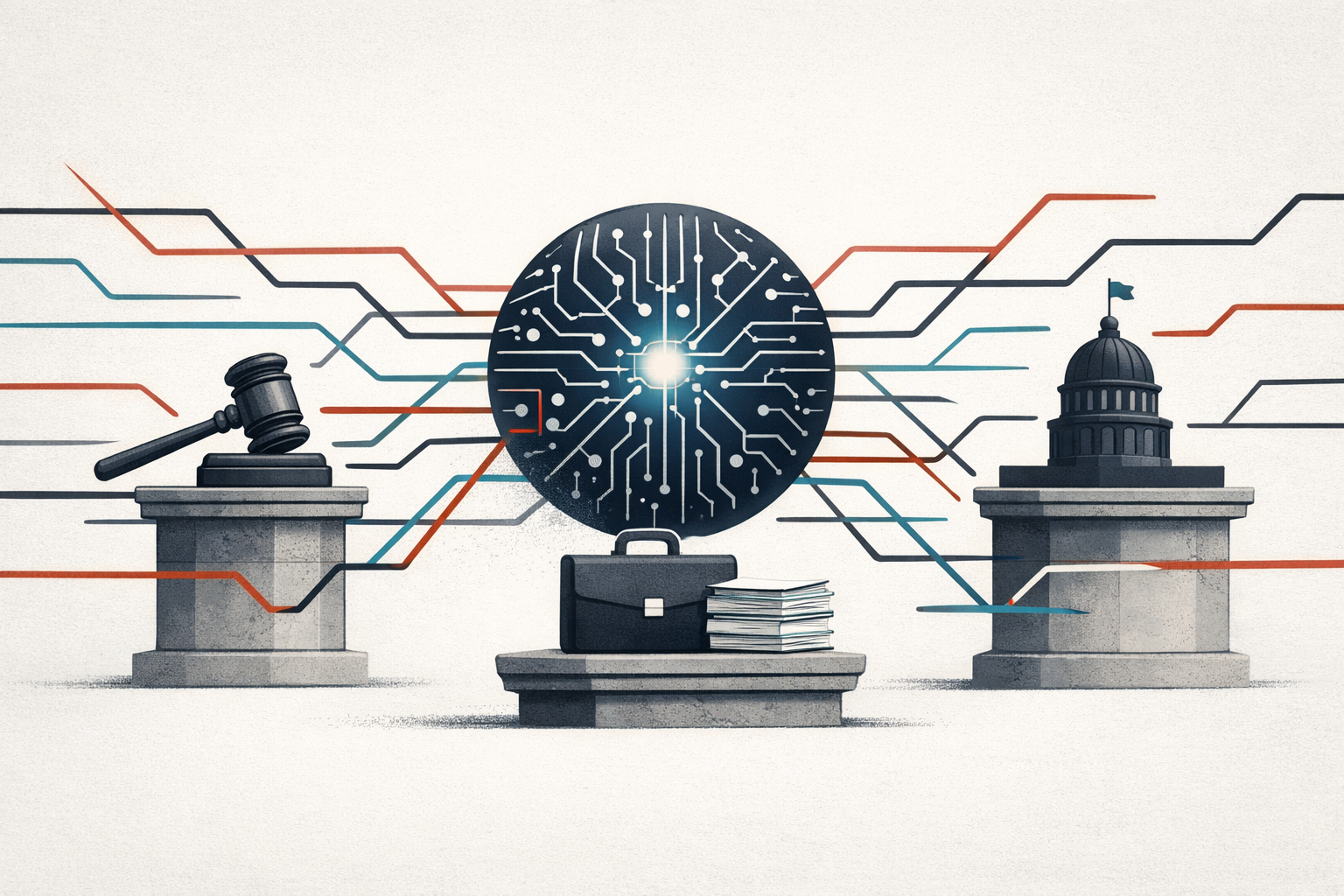 An abstract illustration showing AI oversight split among courts, executive agencies, and state governments instead of one clear federal rulebook.