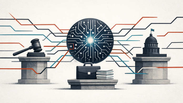 An abstract illustration showing AI oversight split among courts, executive agencies, and state governments instead of one clear federal rulebook.