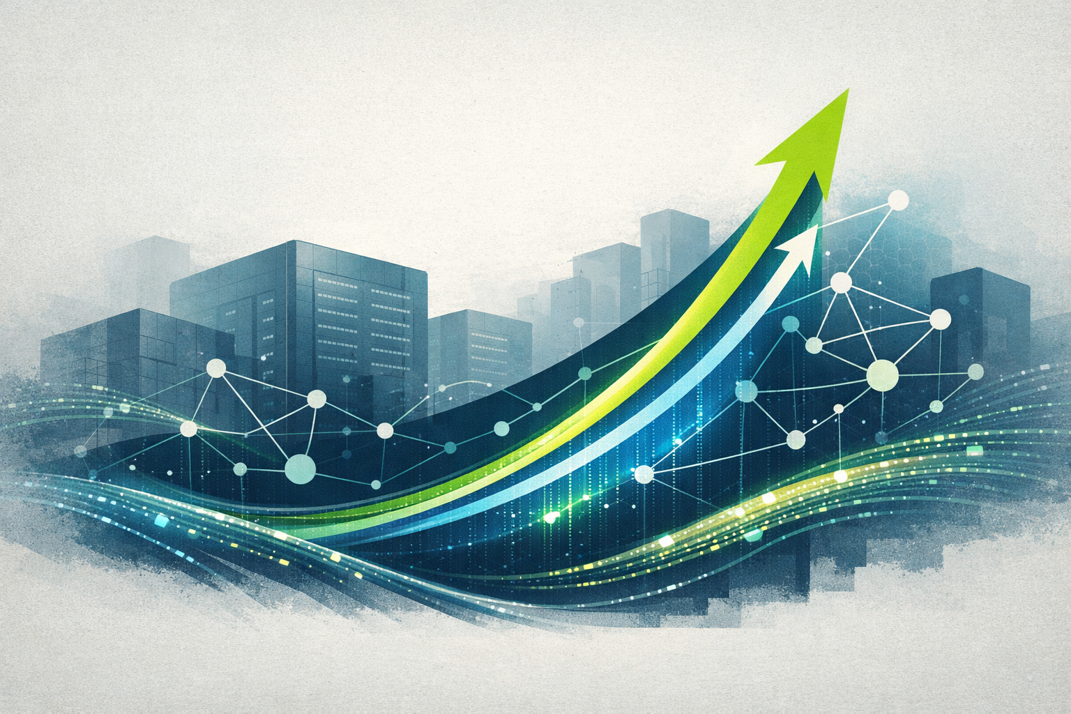 An abstract illustration depicting upward-trending lines symbolizing financial growth, intertwined with glowing network nodes and data streams representing AI and cloud infrastructure. In the background, generic silhouettes of data centers or enterprise buildings are visible, signifying corporate adoption.
