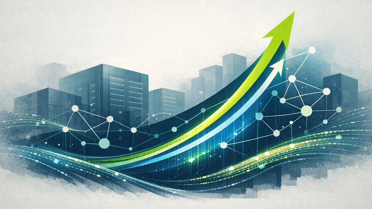 An abstract illustration depicting upward-trending lines symbolizing financial growth, intertwined with glowing network nodes and data streams representing AI and cloud infrastructure. In the background, generic silhouettes of data centers or enterprise buildings are visible, signifying corporate adoption.