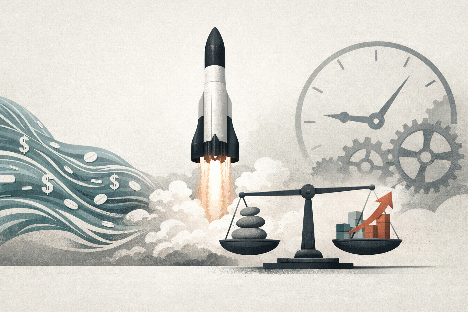 A symbolic illustration showing a rocket launching, representing a major IPO. Around it, abstract streams of money or data flow, connecting to a balance scale that symbolizes market valuation and investor sentiment. In the background, subtle gears or a clock face suggest the influence of economic policy and time horizons.