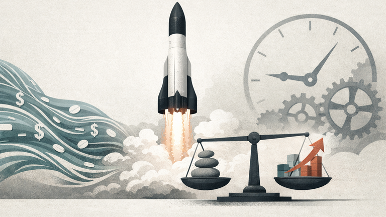 A symbolic illustration showing a rocket launching, representing a major IPO. Around it, abstract streams of money or data flow, connecting to a balance scale that symbolizes market valuation and investor sentiment. In the background, subtle gears or a clock face suggest the influence of economic policy and time horizons.