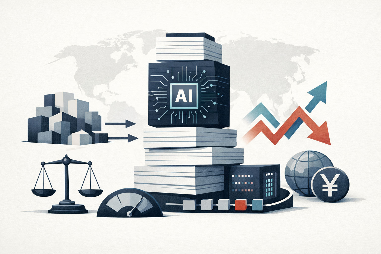Symbolic illustration of a holding company balancing AI investment, portfolio value, and leverage around an annual disclosure.