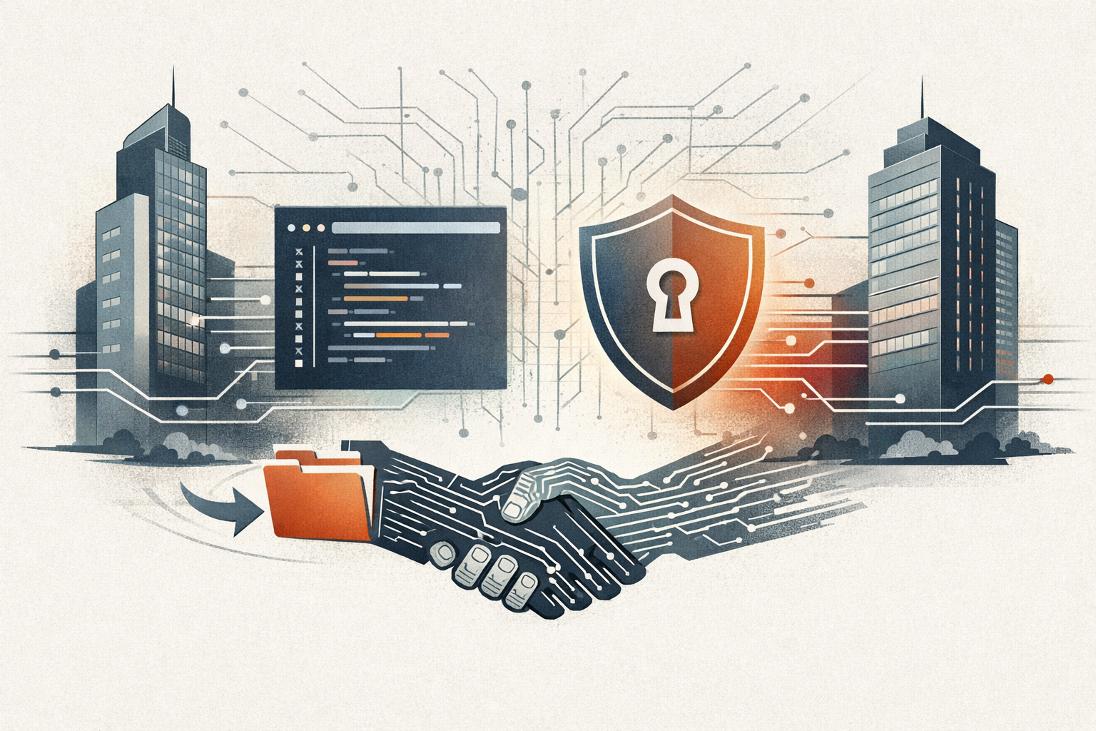 Symbolic illustration of enterprise AI competition centered on developer tools, secure workflows, and a possible acquisition between large companies.