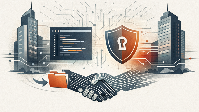 Symbolic illustration of enterprise AI competition centered on developer tools, secure workflows, and a possible acquisition between large companies.