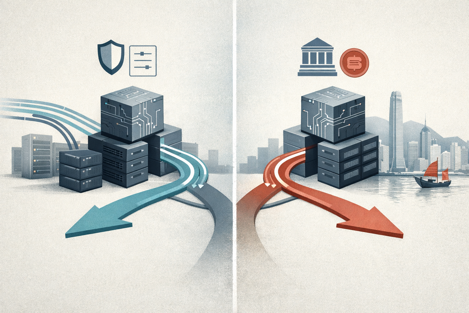 An editorial illustration of an AI company structure split by policy boundaries, with data flow and funding paths rerouted toward different markets.