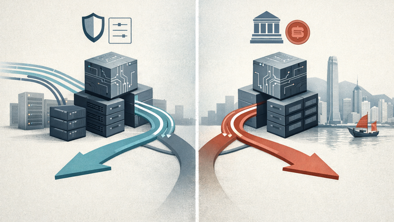 An editorial illustration of an AI company structure split by policy boundaries, with data flow and funding paths rerouted toward different markets.