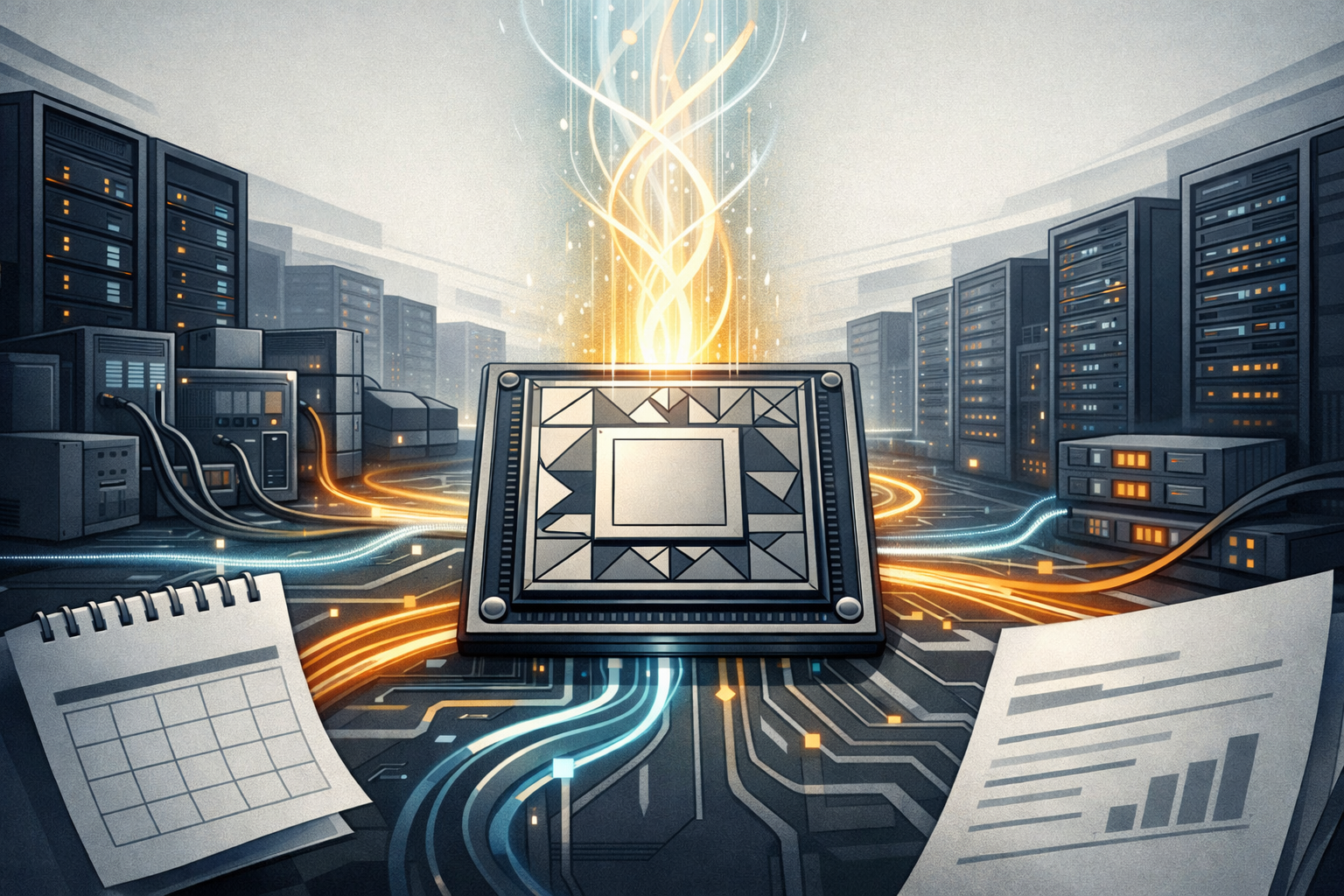 Symbolic illustration of AI infrastructure demand flowing through servers, chips, memory, power, and networking in a data-center setting.