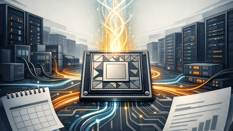 Symbolic illustration of AI infrastructure demand flowing through servers, chips, memory, power, and networking in a data-center setting.