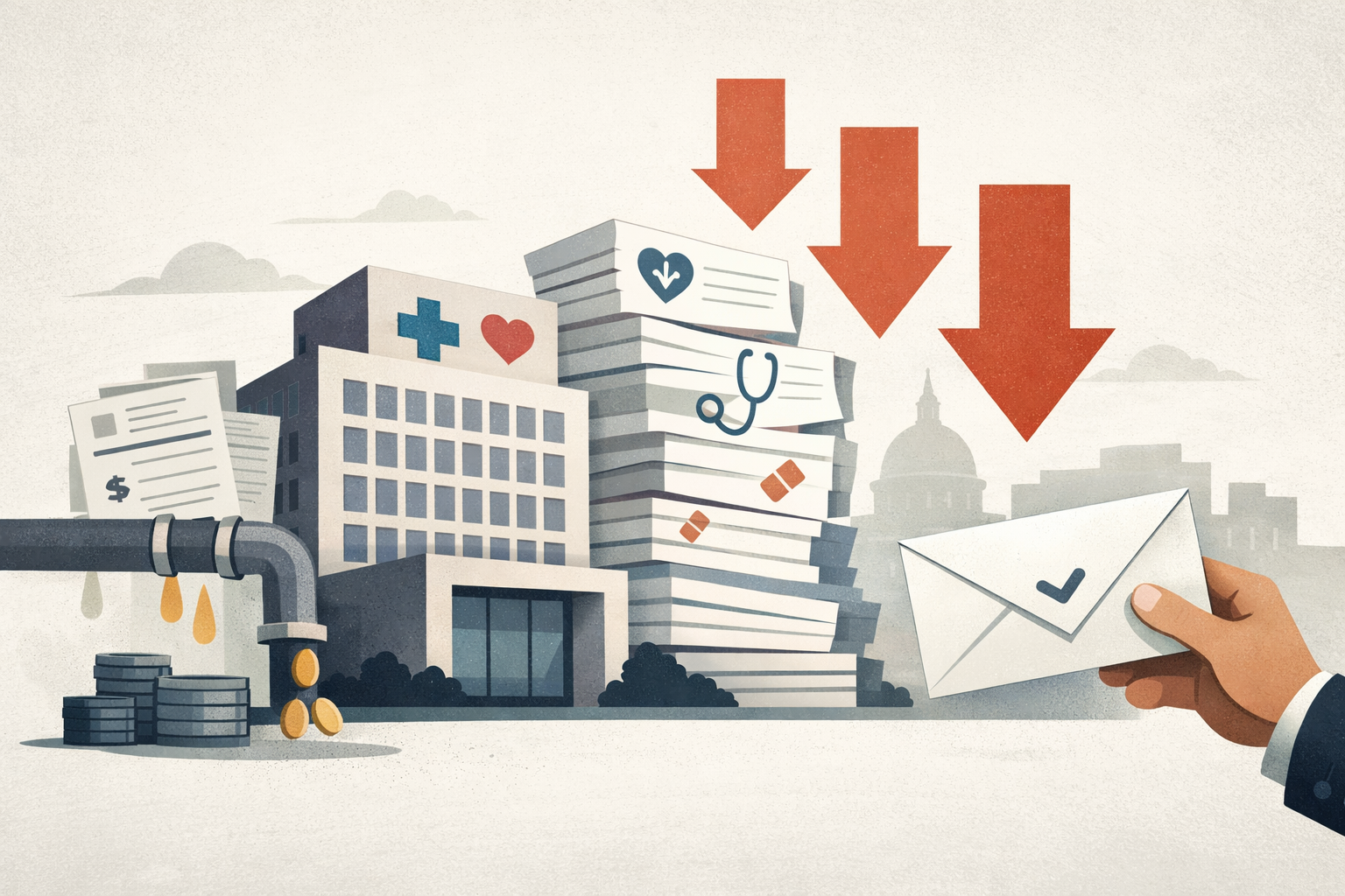 An editorial illustration showing a health insurer facing rising medical costs, lower enrollment, and policy-driven funding pressure, with a voluntary retirement offer as a cost-cutting response.