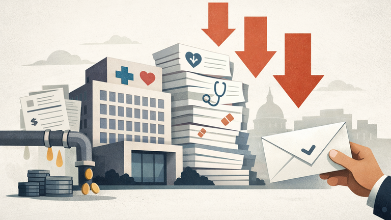 An editorial illustration showing a health insurer facing rising medical costs, lower enrollment, and policy-driven funding pressure, with a voluntary retirement offer as a cost-cutting response.