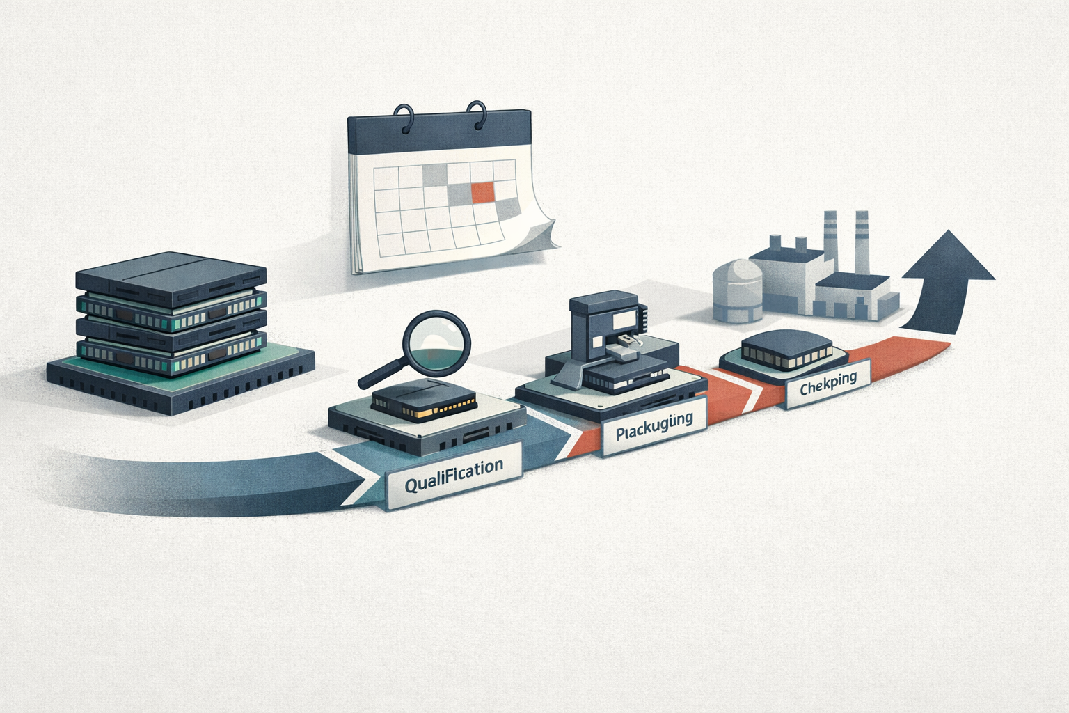An editorial illustration showing stacked memory chips moving through qualification, packaging, and ramp-up checkpoints on a timeline.