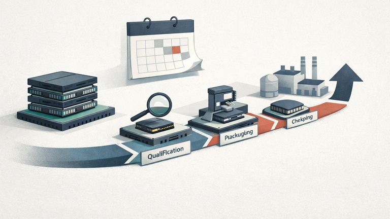 An editorial illustration showing stacked memory chips moving through qualification, packaging, and ramp-up checkpoints on a timeline.