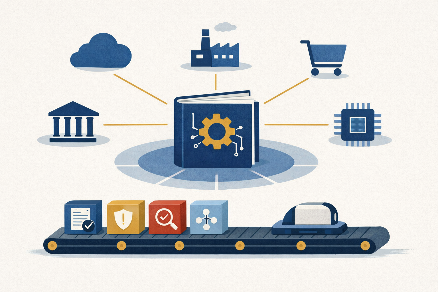An abstract illustration showing EU AI rules as a shared governance framework connecting multiple industries and product development steps.