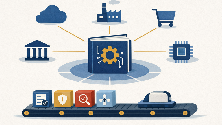An abstract illustration showing EU AI rules as a shared governance framework connecting multiple industries and product development steps.
