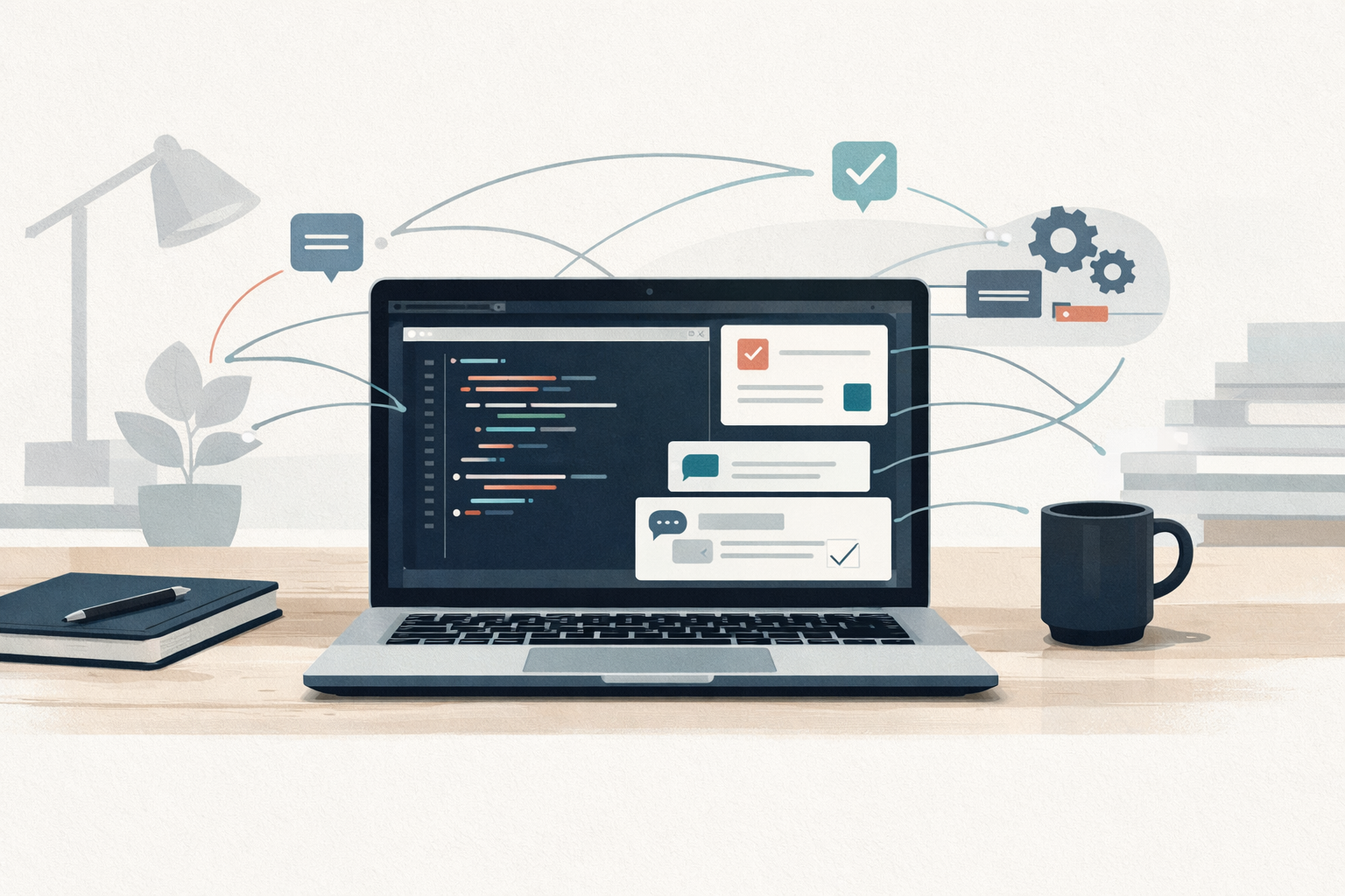Illustration of a developer desktop app that unifies coding sessions, issues, pull requests, and background automation in one workspace.