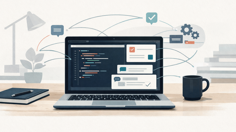 Illustration of a developer desktop app that unifies coding sessions, issues, pull requests, and background automation in one workspace.
