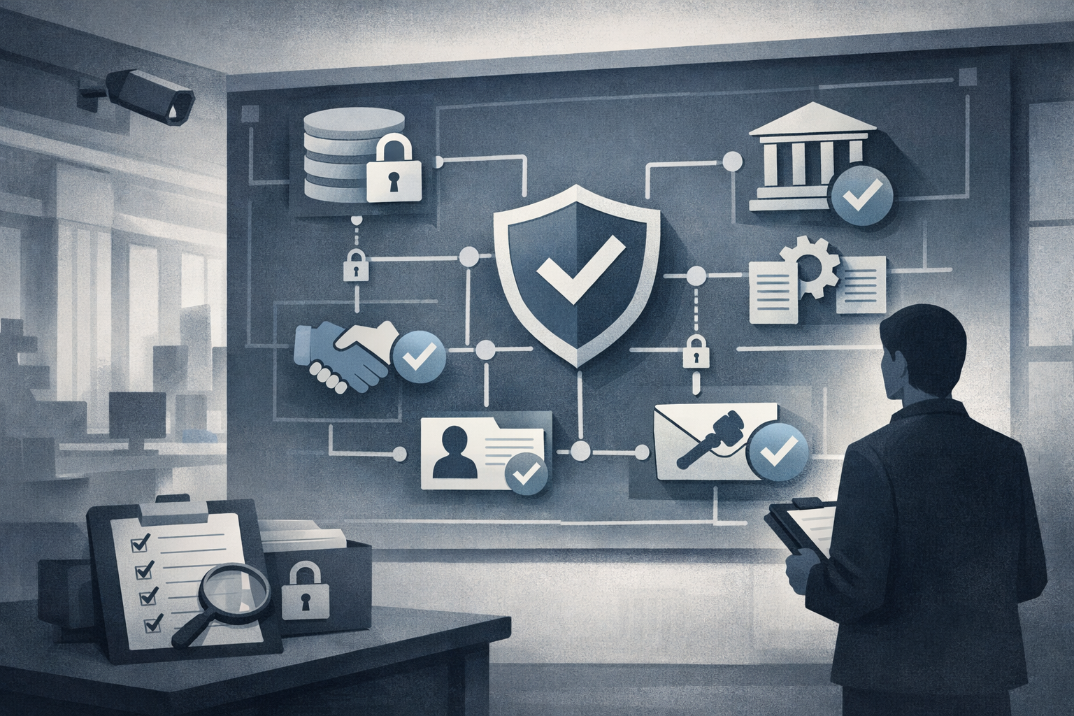An editorial illustration of bank AI governance, showing compliance controls around lending, KYC, sanctions screening, data access, and vendor oversight.