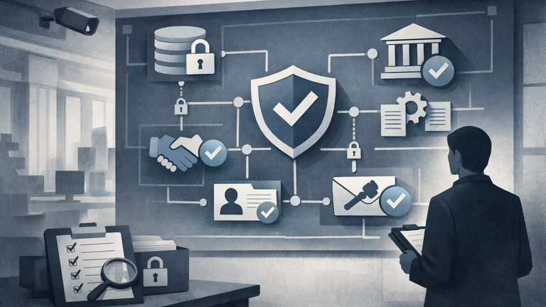 An editorial illustration of bank AI governance, showing compliance controls around lending, KYC, sanctions screening, data access, and vendor oversight.