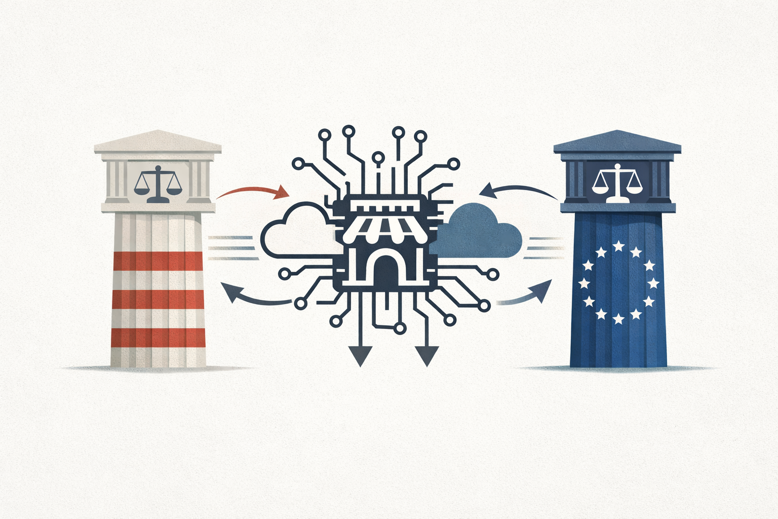 Abstract illustration of U.S. and EU regulators coordinating oversight around AI platforms, cloud infrastructure, and merger review.