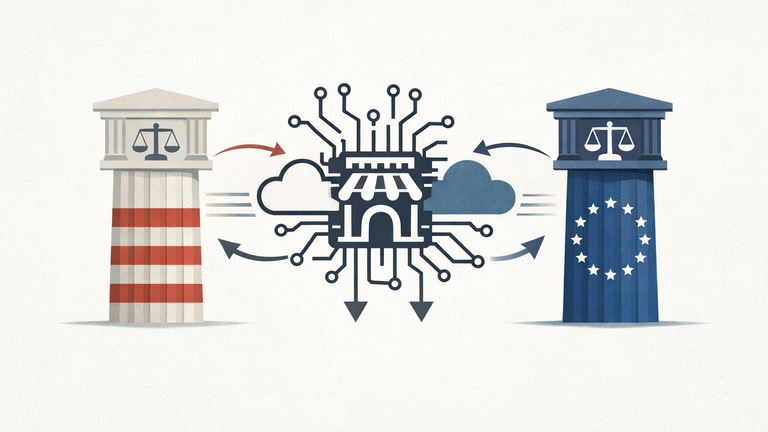 Abstract illustration of U.S. and EU regulators coordinating oversight around AI platforms, cloud infrastructure, and merger review.