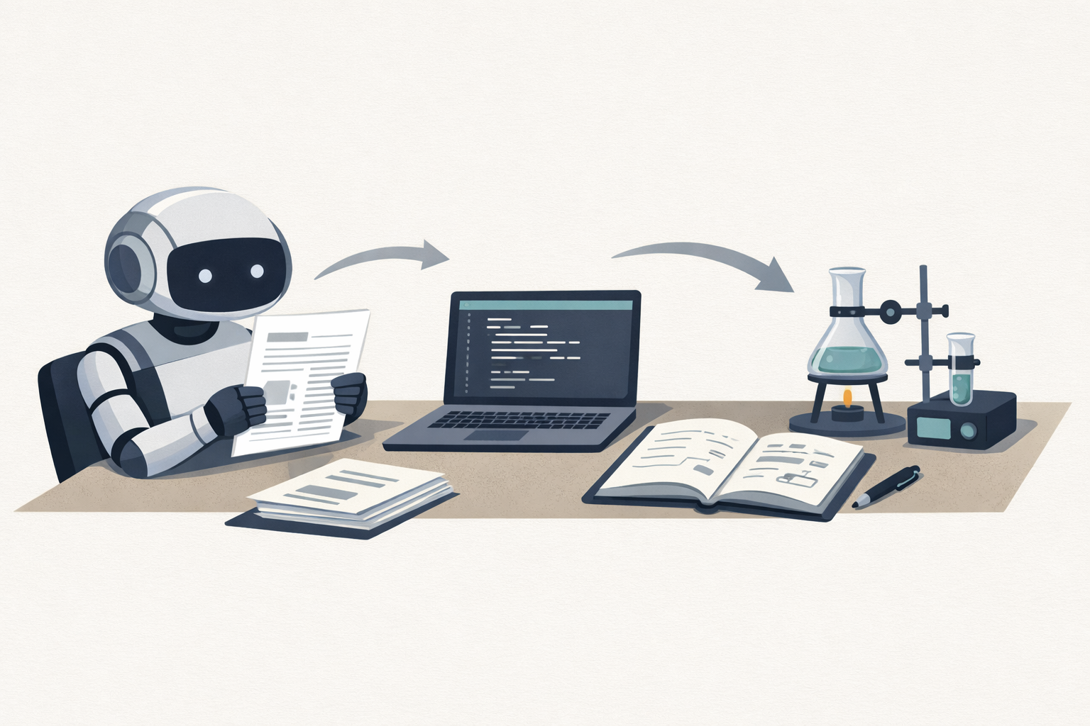 An AI assistant compares a research paper, code, and experiment setup to reproduce results, symbolizing a research replication benchmark.