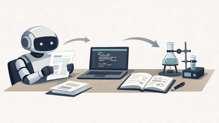 An AI assistant compares a research paper, code, and experiment setup to reproduce results, symbolizing a research replication benchmark.
