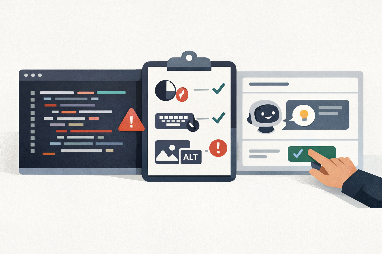 An illustration of an AI-assisted accessibility review workflow in software development, showing code review, accessibility checks, and human approval.