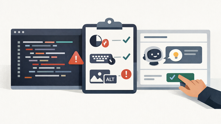 An illustration of an AI-assisted accessibility review workflow in software development, showing code review, accessibility checks, and human approval.