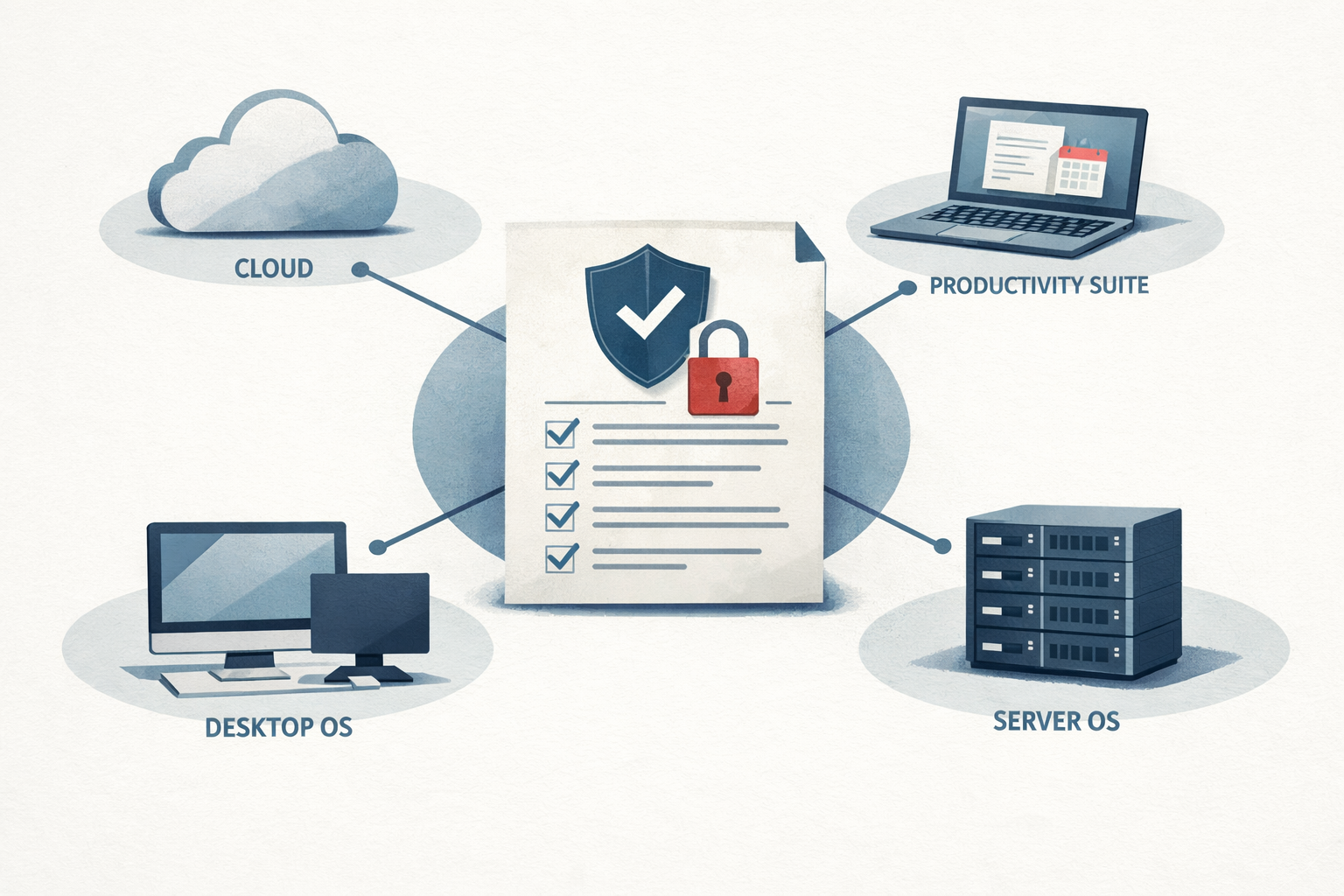 An editorial illustration showing a cloud, laptop, server, and compliance checklist connected to a central security baseline, representing CIS benchmark documentation for enterprise platforms.