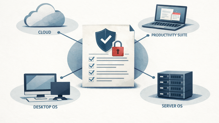 An editorial illustration showing a cloud, laptop, server, and compliance checklist connected to a central security baseline, representing CIS benchmark documentation for enterprise platforms.