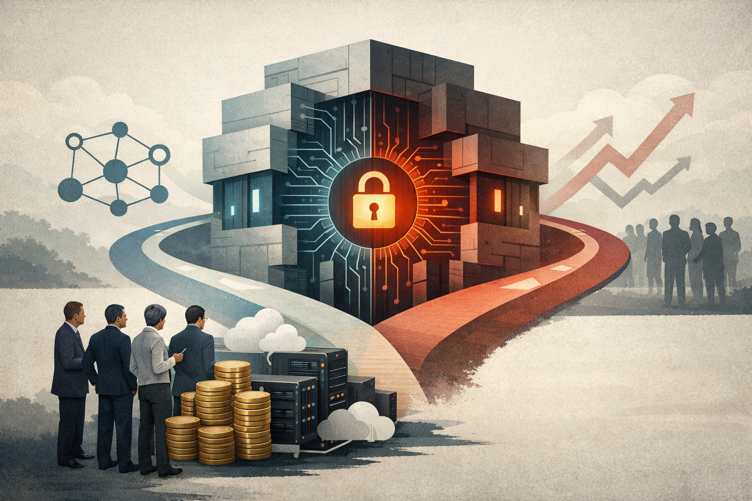 An abstract illustration of Meta’s AI strategy shifting from open to proprietary, with executives, servers, and investor skepticism.