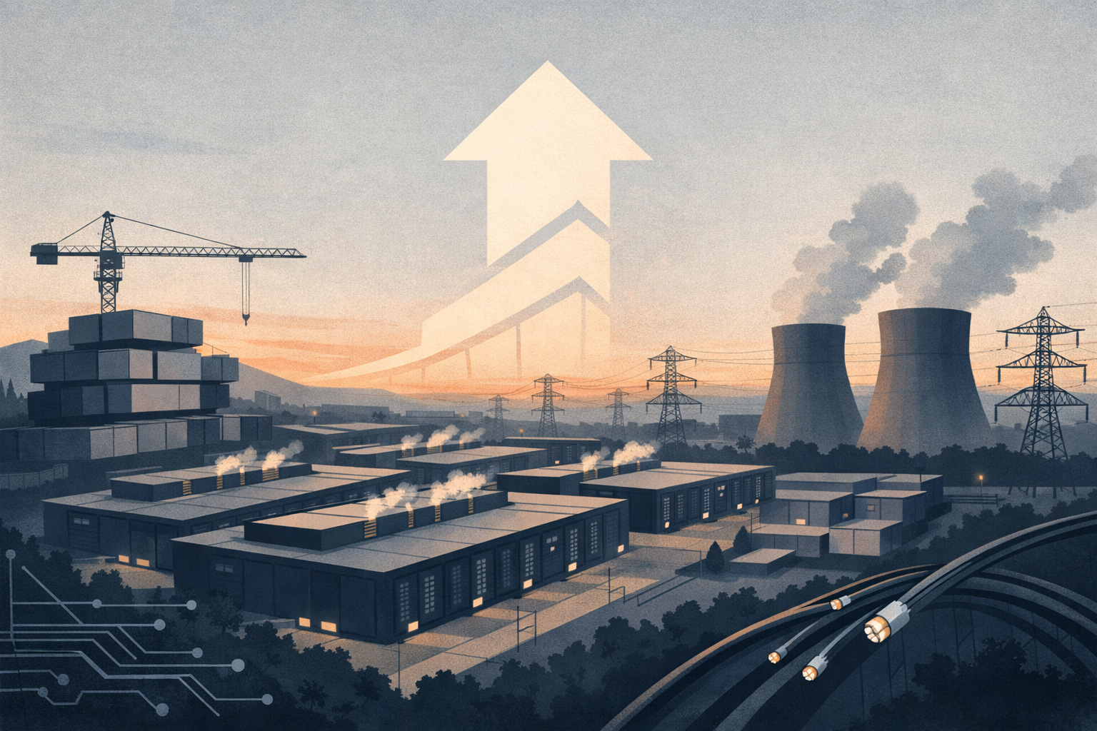 Illustration of an expanding AI infrastructure campus with data centers, power, cooling, and network elements, suggesting higher capital spending.