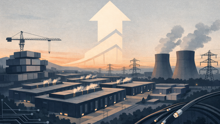 Illustration of an expanding AI infrastructure campus with data centers, power, cooling, and network elements, suggesting higher capital spending.