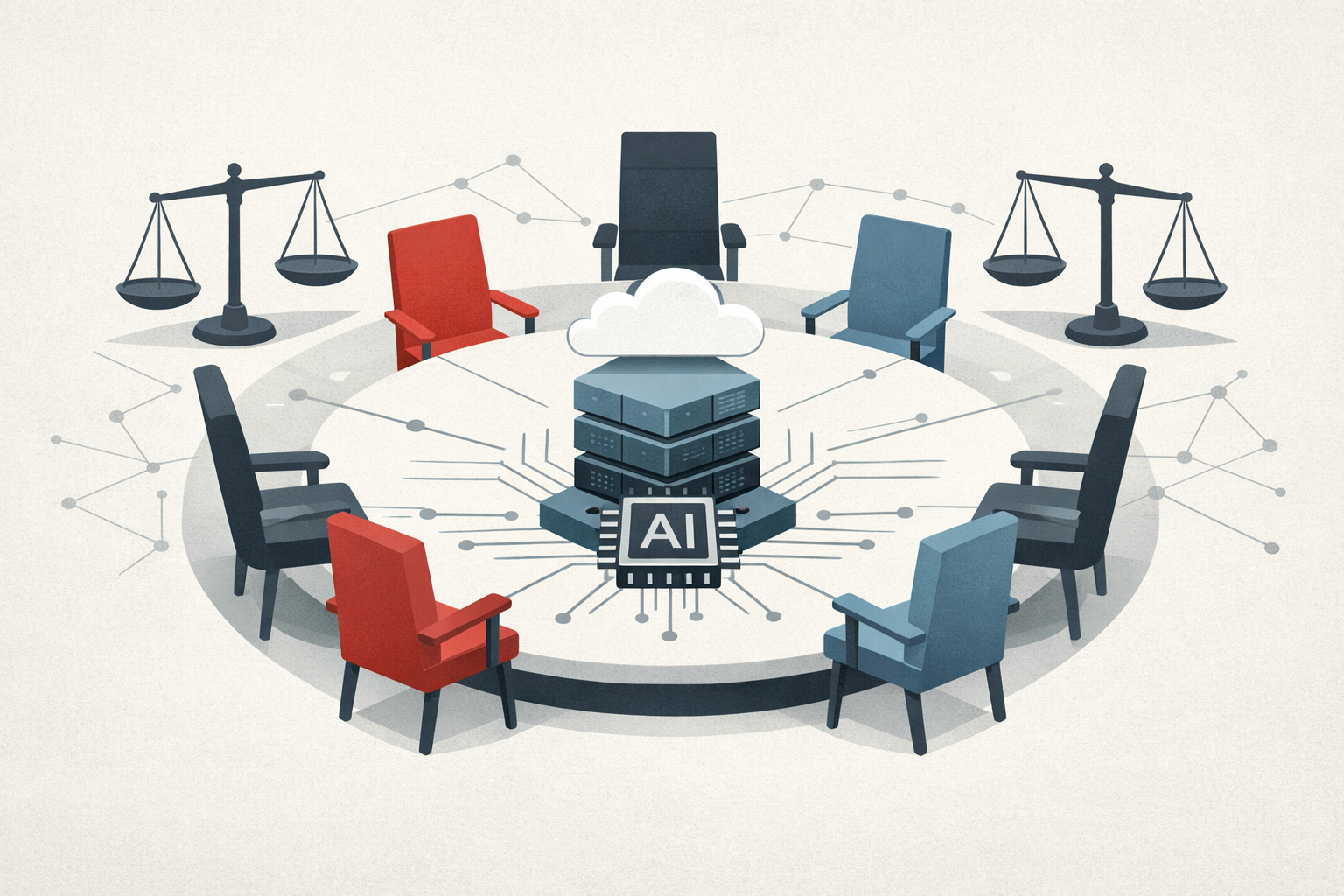 Symbolic illustration of G7 competition authorities coordinating around AI market structure, with a central AI chip, cloud layers, and oversight motifs.