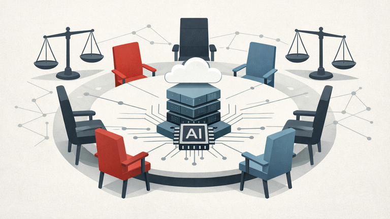 Symbolic illustration of G7 competition authorities coordinating around AI market structure, with a central AI chip, cloud layers, and oversight motifs.