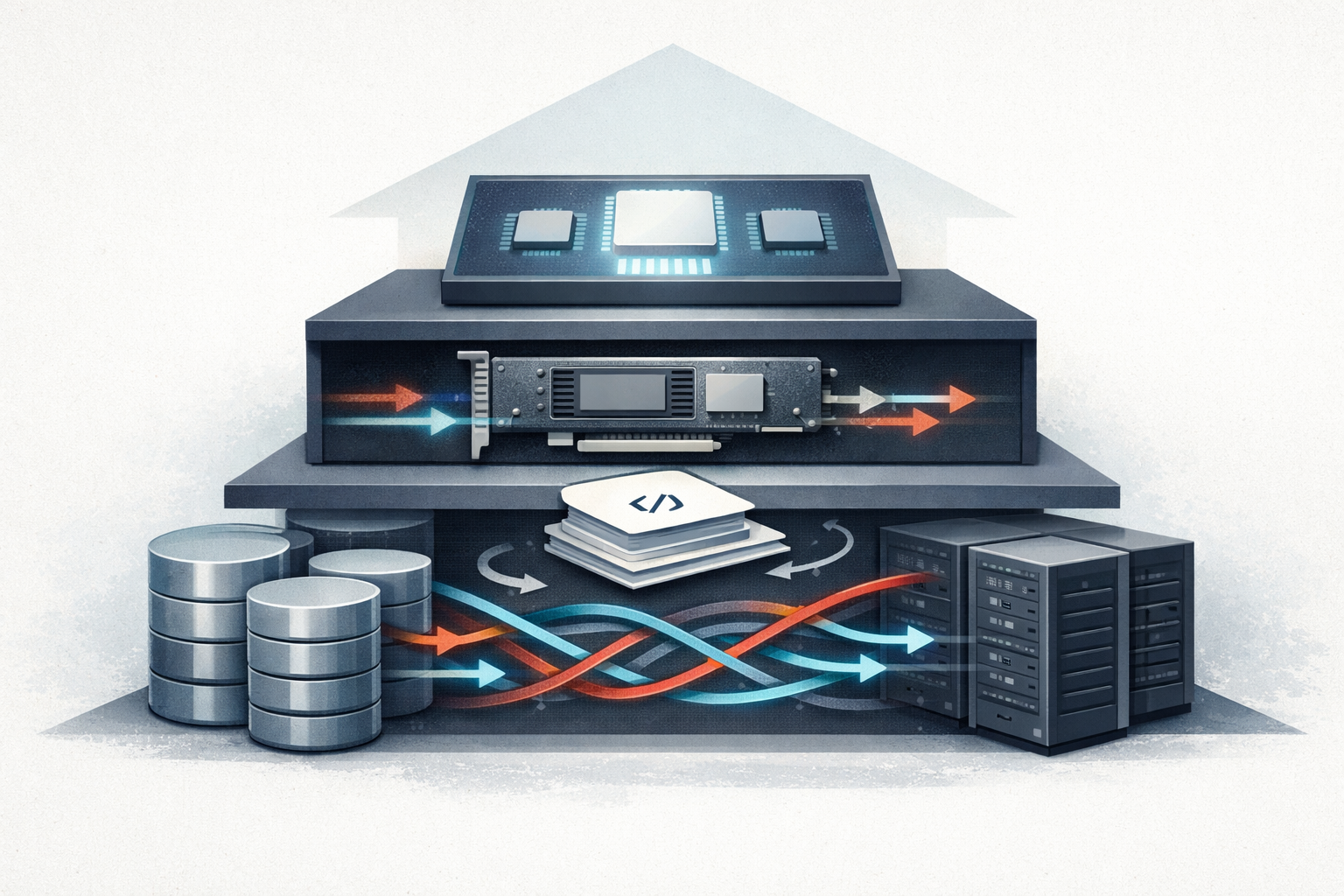 An abstract editorial illustration showing a layered AI storage infrastructure stack with compute, offload, networking, and software layers connected by flowing data paths.