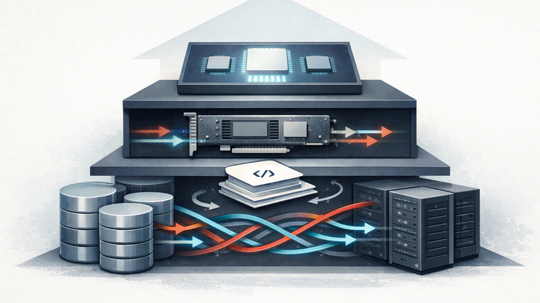 An abstract editorial illustration showing a layered AI storage infrastructure stack with compute, offload, networking, and software layers connected by flowing data paths.