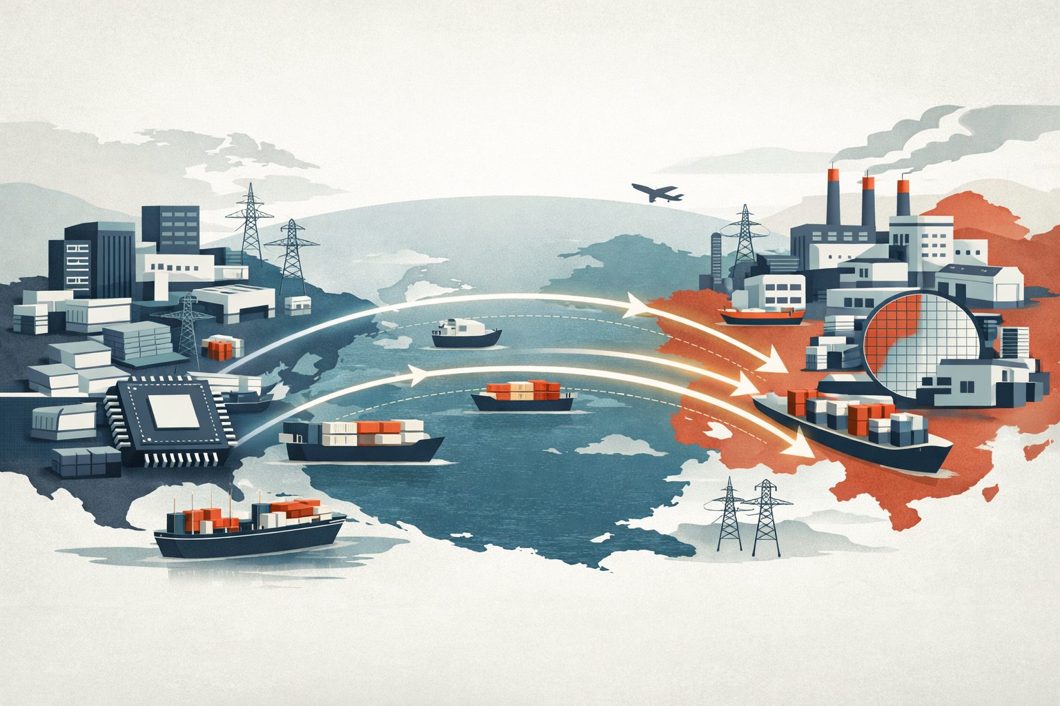 Stylized illustration showing AI infrastructure supply chains linking factories, chips, servers, power equipment, and data centers across borders.