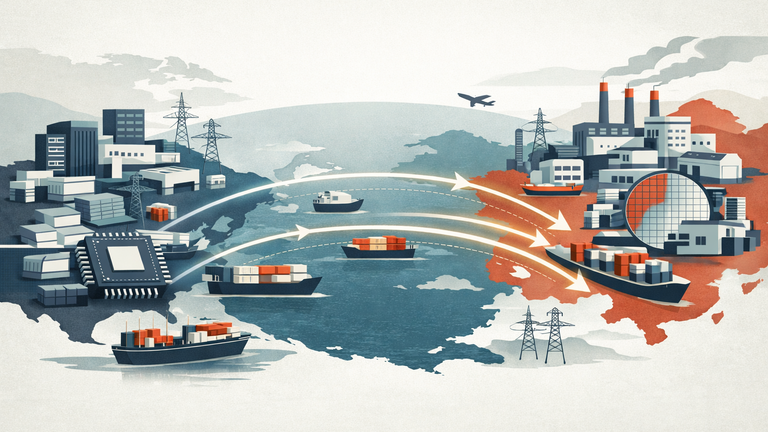 Stylized illustration showing AI infrastructure supply chains linking factories, chips, servers, power equipment, and data centers across borders.