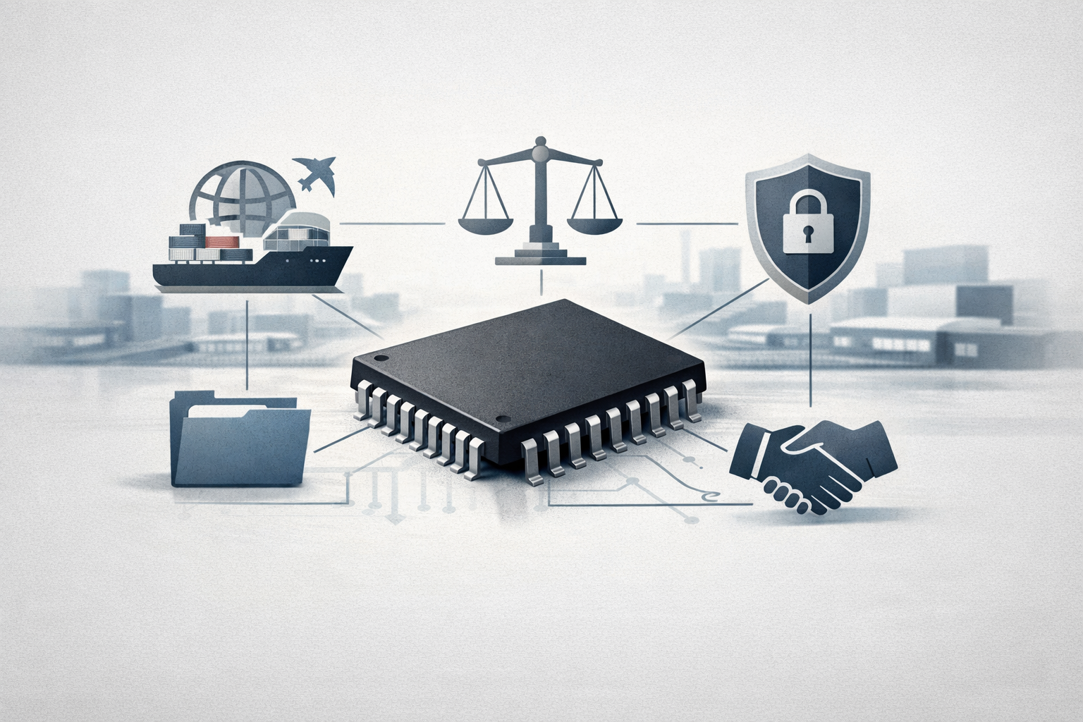 Symbolic illustration of a semiconductor chip linked to four compliance areas: export controls, antitrust, privacy, and ethical conduct.
