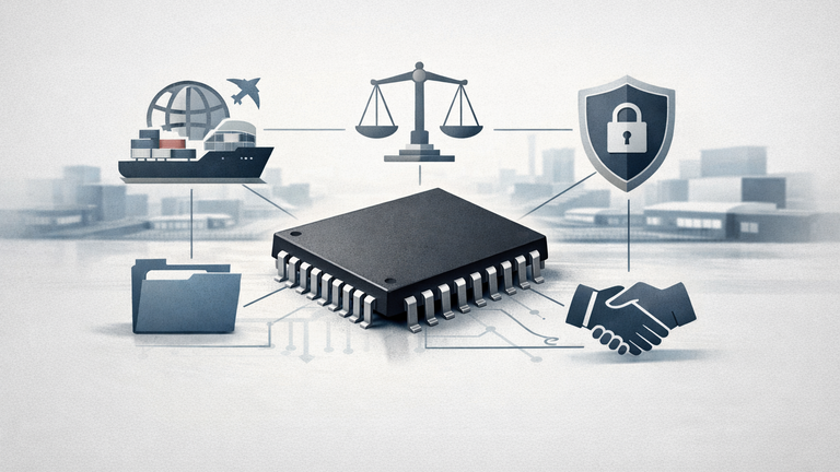 Symbolic illustration of a semiconductor chip linked to four compliance areas: export controls, antitrust, privacy, and ethical conduct.