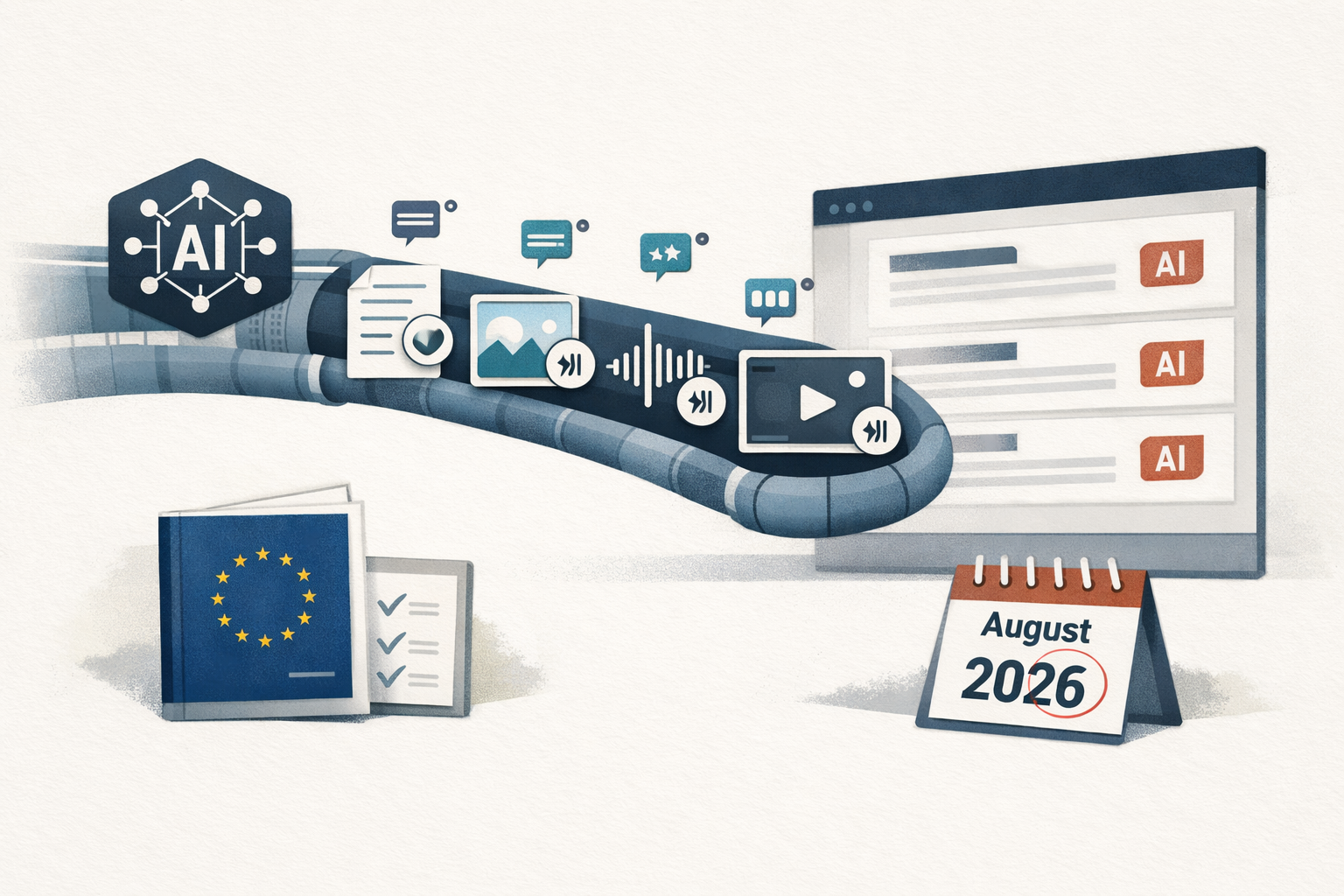 Symbolic illustration of AI-generated content flowing through labeling, watermarking, and detection steps under EU transparency rules.