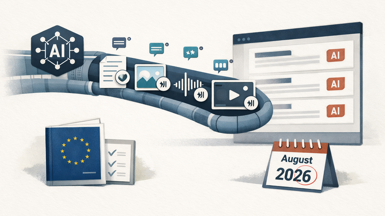 Symbolic illustration of AI-generated content flowing through labeling, watermarking, and detection steps under EU transparency rules.
