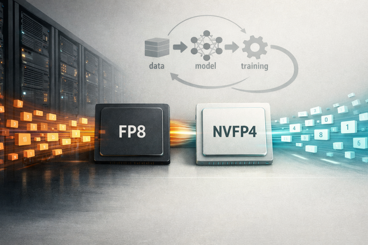 An editorial illustration showing AI model training on GPUs with a symbolic comparison of FP8 and NVFP4 formats and a faster training pipeline.