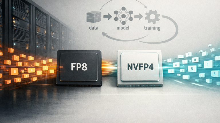 An editorial illustration showing AI model training on GPUs with a symbolic comparison of FP8 and NVFP4 formats and a faster training pipeline.
